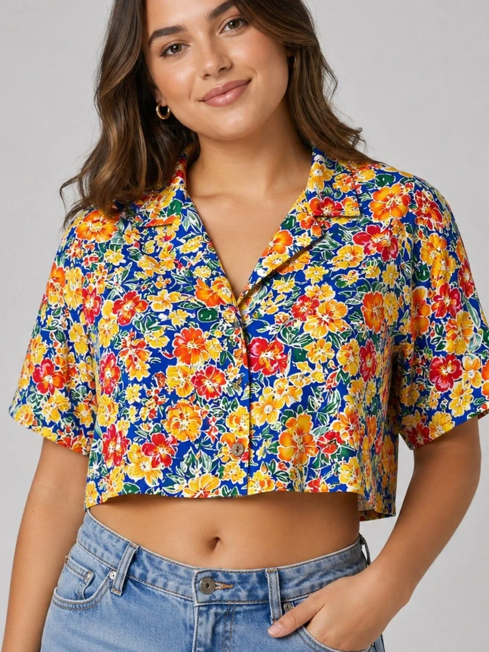 Lulus Floral Womens Blouse Size M Satin Cropped Multicolor Casual 1276